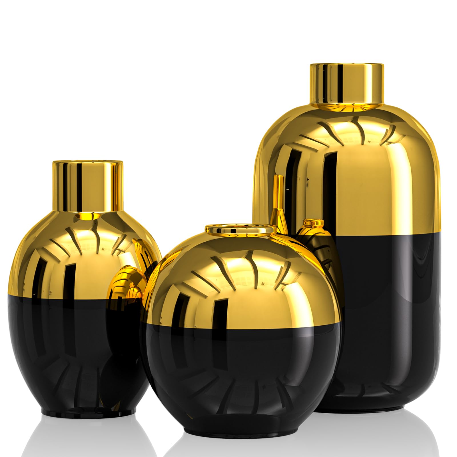 Ensemble de 3 vases à Fleurs en céramique doré Brillant – Vases décoratifs Ronds et Modernes pour Herbe de la Pampa – Décoration d'intérieur pour Chambre, Bureau, Salon, bibliothèque (Noir)