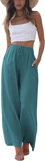 Faleave Women's Cotton Linen Summer Palazzo Pants Flowy Wide Leg Beach Trousers with Pockets