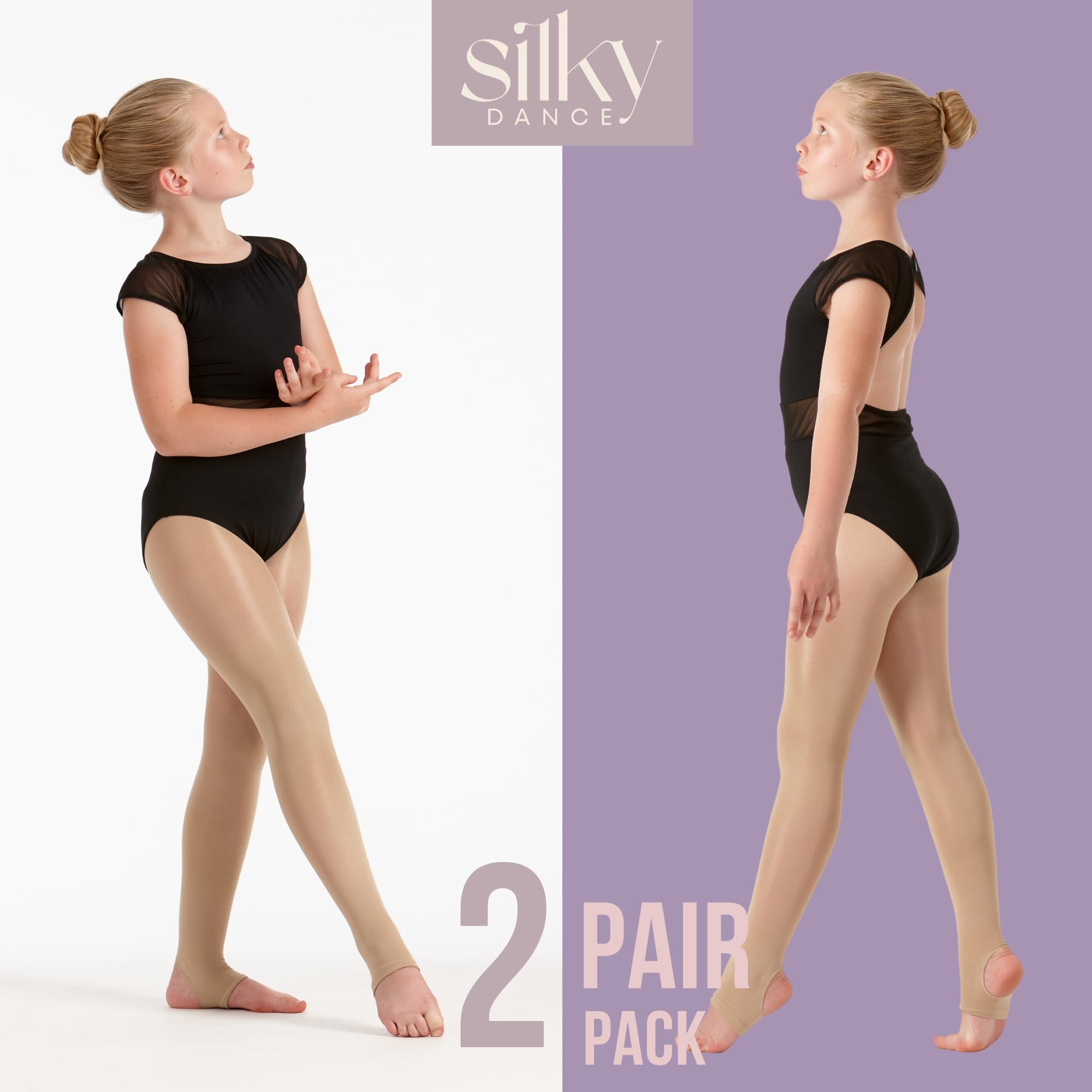 2 pares de medias de baile con estribo brillante, 60 denier, listas para el rendimiento, paquete múltiple para niñas, niños, adultos, mujeres en tostadas y tostadas ligeras