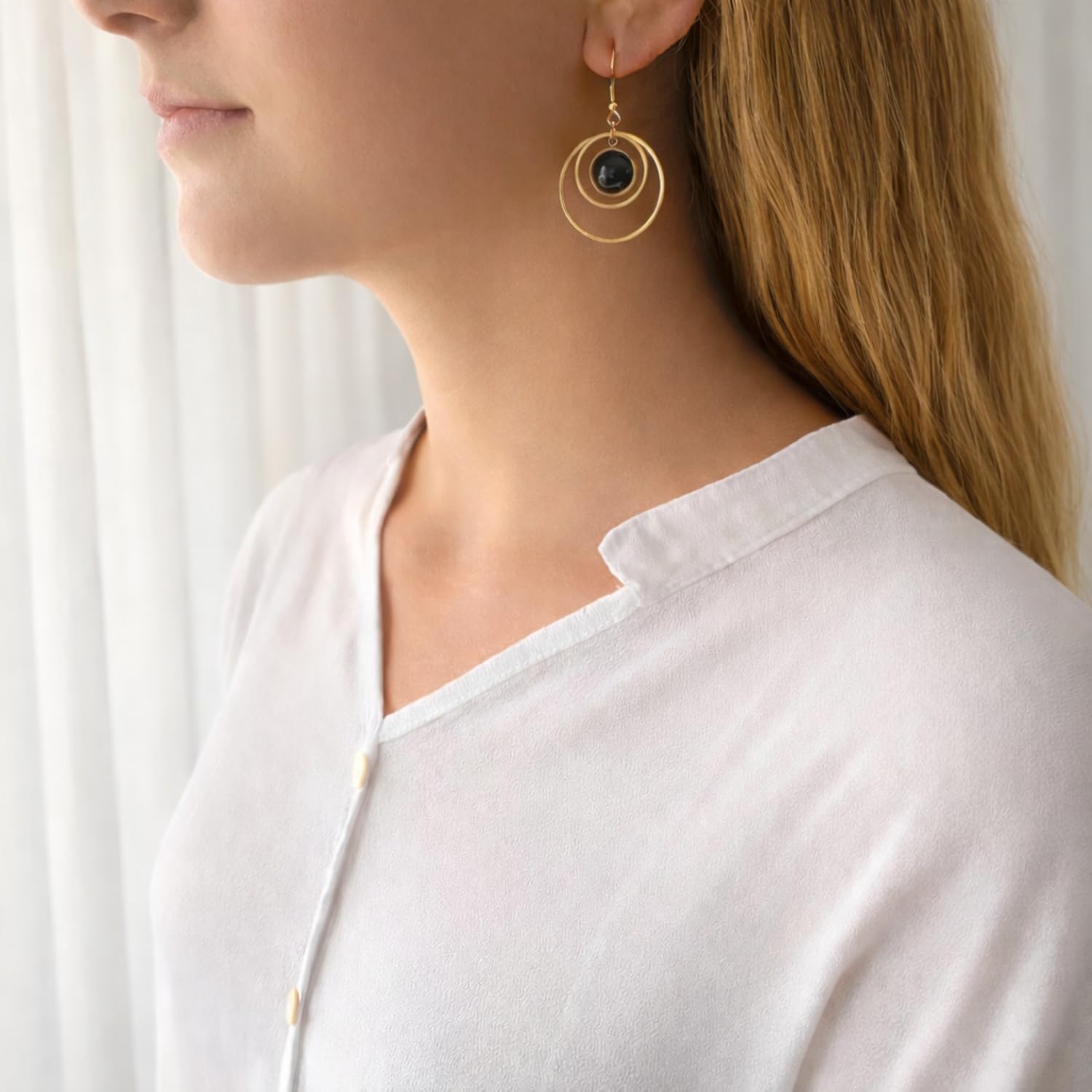 ASTER ALHELÍ Pendientes Aro Mujer Chapados en Oro con Piedra Natural Doble Aro Colgante