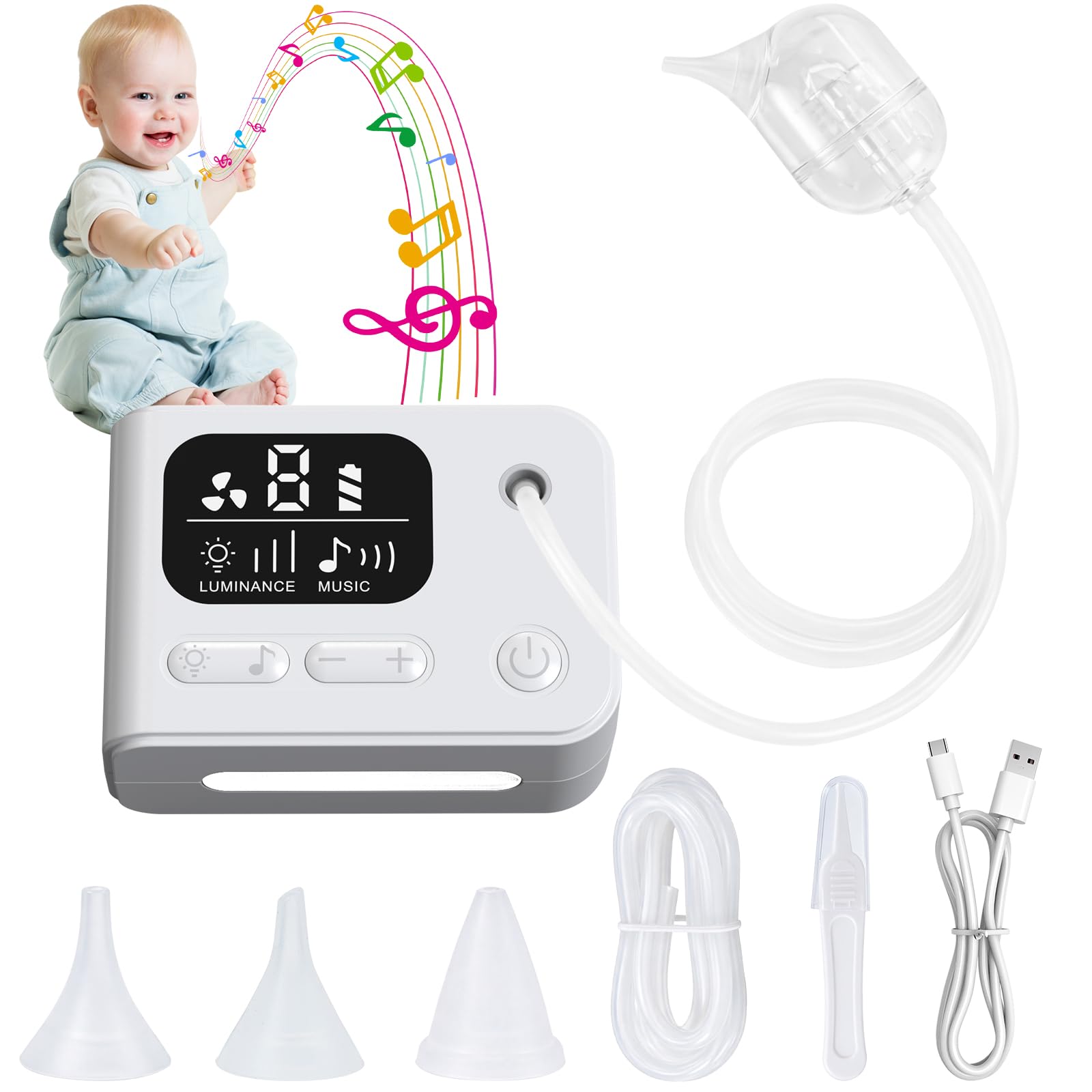 Nasensauger Baby Elektrisch,Bestcool Nasensauger für Babys mit 3 weichen Silikonaufsätzen,9 Saugstärke,beruhigendem Licht und Schlafliedern,Nasensauger Baby für die Tägliche Nasenpflege,USB-aufladbar