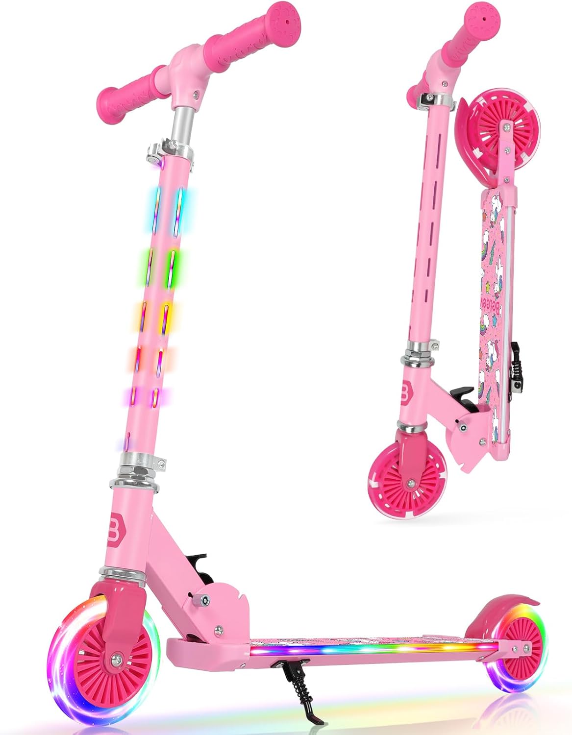 BELEEV V3 Scooter for Kids with Light-Up Wheels & Stem & Deck, 2 Wheel Folding Scooter for Girls Boys, 4 Adjustable Height, Lightweight Kick Scooter with Handy Kickstand for Children Ages 3-12