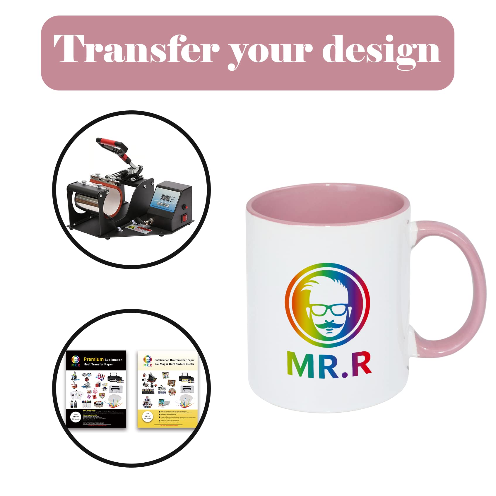MR.R 11oz Sublimation Blank Coffee Mugs,Cup Blank White Mug Cup with Pink Color Mug Inner and Handle,Set of 2 - Image 4