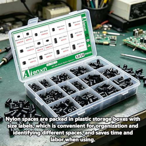 Image of 1010PCS Black Nylon Spacers Kit, 14 Sizes- 3mm,5mm,6mm,8mm,10mm,12mm,15mm Length for M3 M4 Screws, Non-Threaded Round Plastic Spacers Suitable for Switch & Receptacle Screws