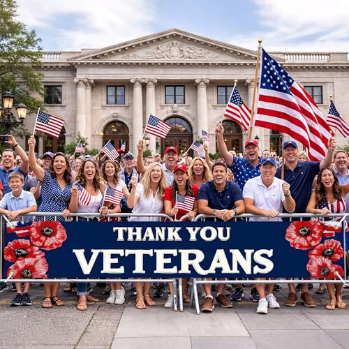 Image of BlissYard Patriotic Banner Thank You Veterans Decorations Banner 118 x 20 inch Independence Day American Flag Outdoor Banner for Yard Fence Porch, Veterans Day Memorial Day Decorations