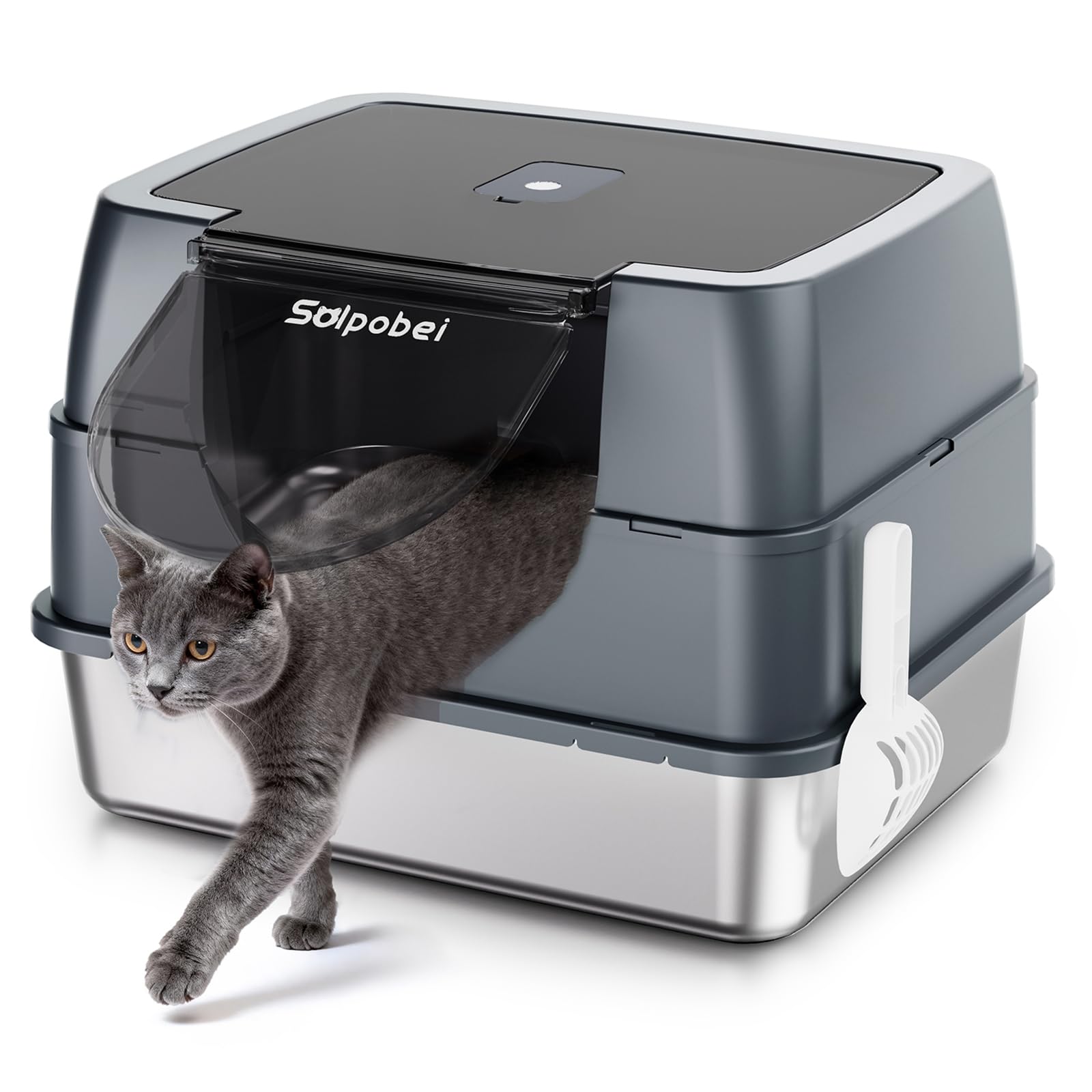 Enclosed Stainless Steel Cat Litter Box, Metal Litter Box with Lid, Hooded Kitty Litter Pan, Non-Stick & Never Absorbs Odors, Durable for Multi Cats (Include Scoop)