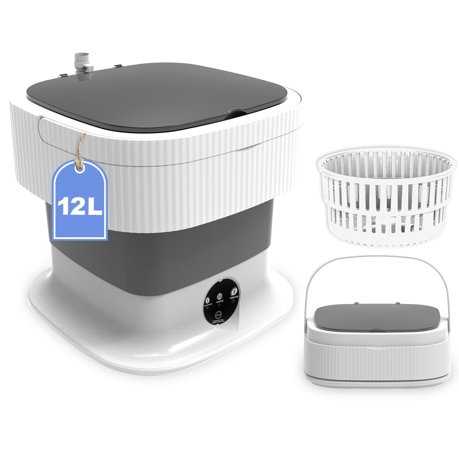 Portable Washing Machine, 15L Mini Washing Machine and Spin Dryer, Foldable Washer Machine, Collapsible Small Luandry Washer for Dorm, Apartment, RV, Travel, Baby Clothes, Underwear, Socks, Grey