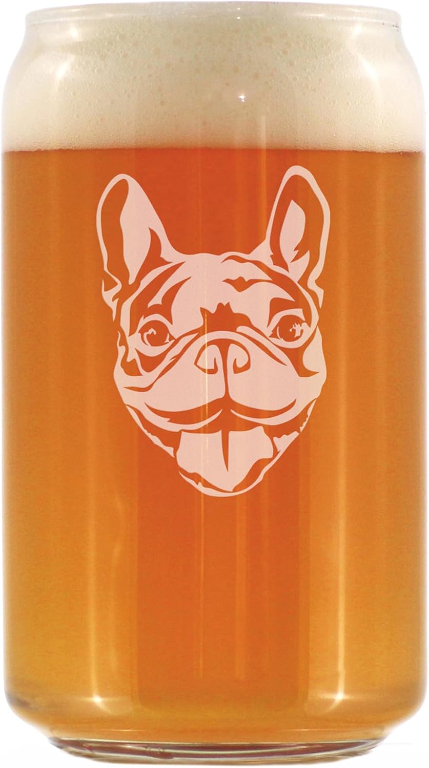 Happy Frenchie Can Shaped Pint Glass Engraved in Colorado Dog Gifts - 16 oz