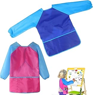 2Pcs Kids Apron, Children'S Aprons, Waterproof Apron for Kids, Kids Aprons for Painting, Toddler Apron, Painting Apron with Long Sleeve 3 Pockets, Kids Painting Apron for School Art Painting, Cooking