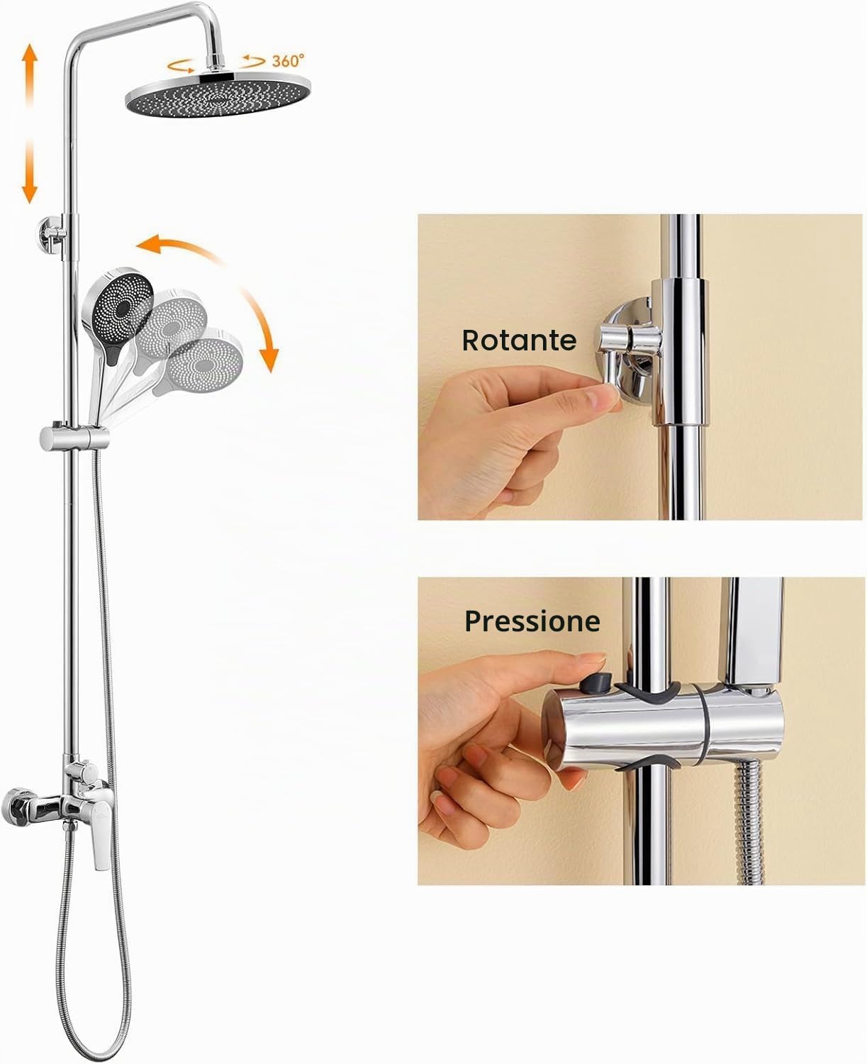 Auralum Colonna Doccia con Miscelatore Doccia Cromo, Saliscendi Doccia Altezza Massima Regolabile 1,39 m con Soffione 26x26cm e Doccetta 3 Funzioni per Bagno, Asta Doccia con Soffione e Doccetta