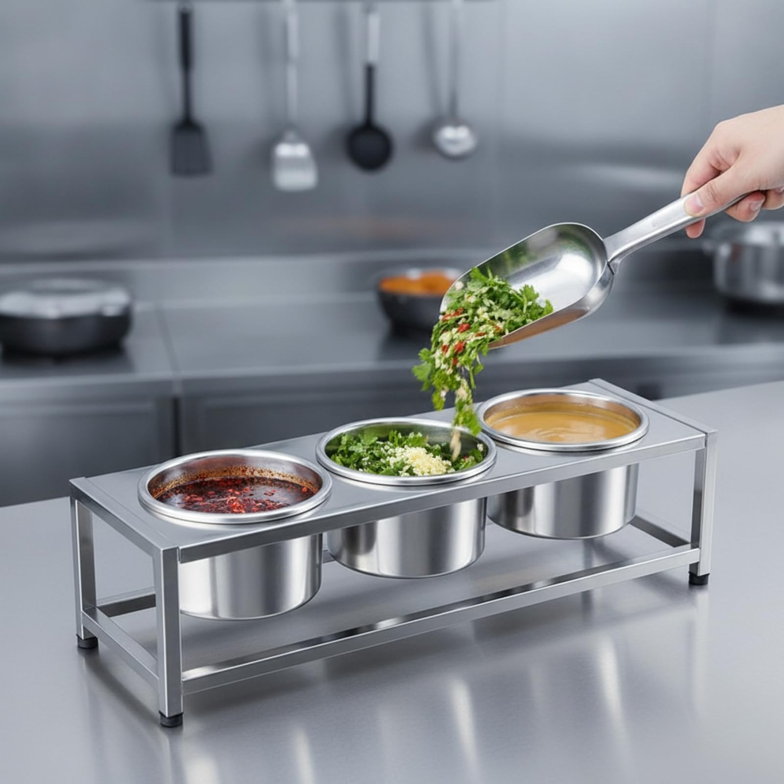 Condimenti in Acciaio Inox Professionale Contenitore a Scomparti Resistente Organizzatore per Ristoratori, Chef, Con Coperchio