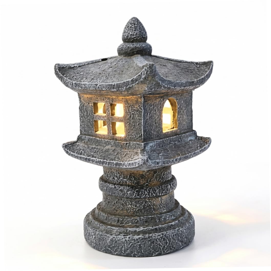 Perodlly Pagoda Garden Statue, Japanese Pagoda Lantern Solar Garden Statue - Waterproof Resin Outdoor Lawn & Patio Decor (gray)..