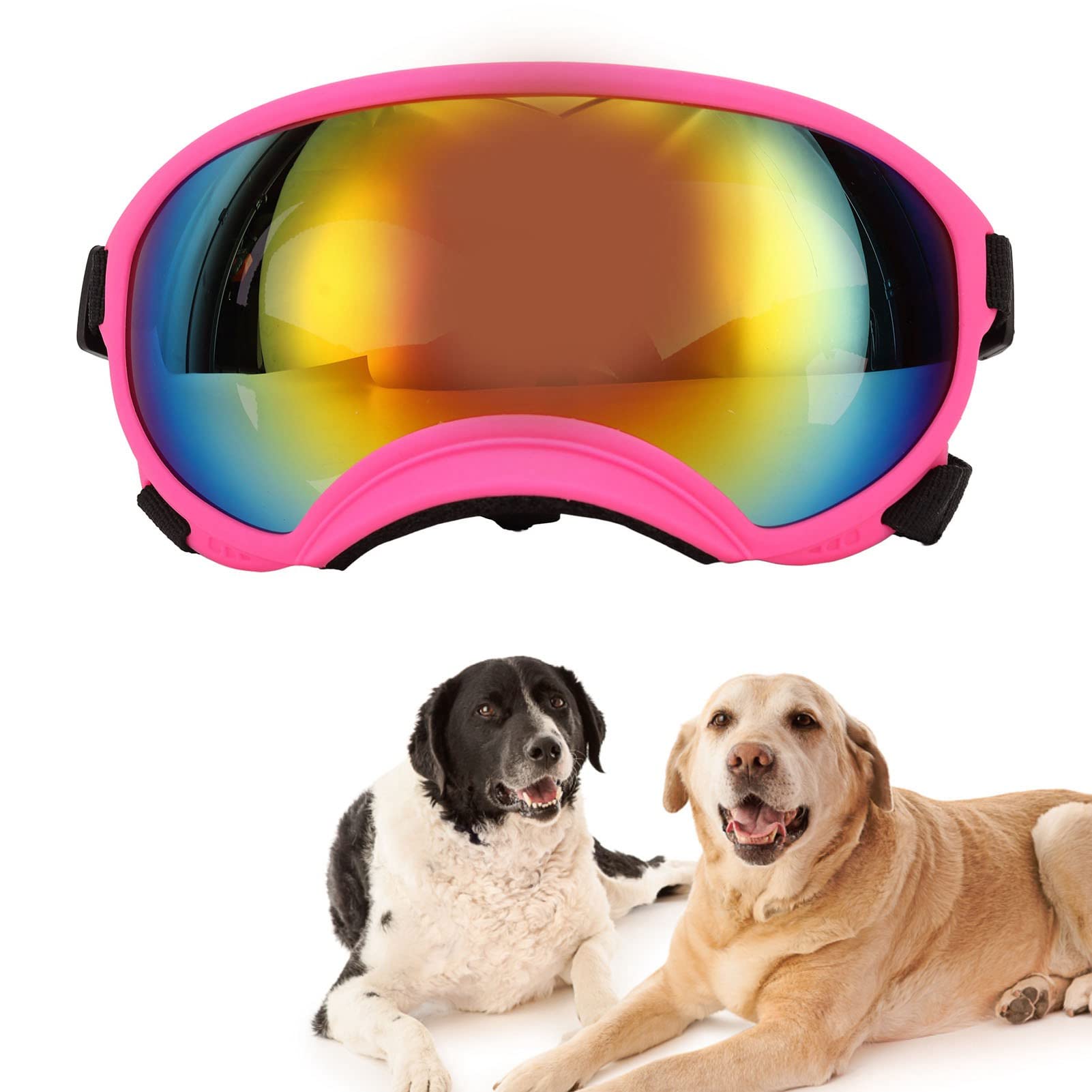 Naroote Pet Glasses, Windproof Pet Goggles Breathable Adjustable Strap UV Proof with Eyeglass Case for Skiing (Pink Frame Red Lens)