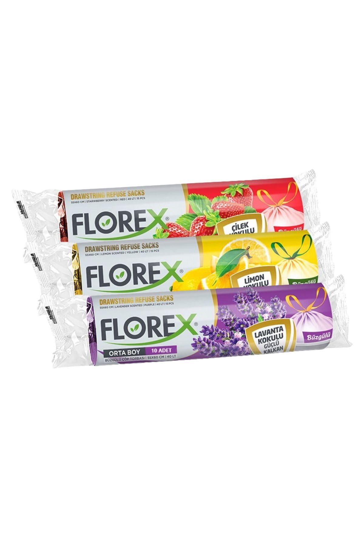Florex Büzgülü Çöp Torbası 55x60 Cm 3'lü Eko Paket Lavanta-Çilek-Limon Kokulu