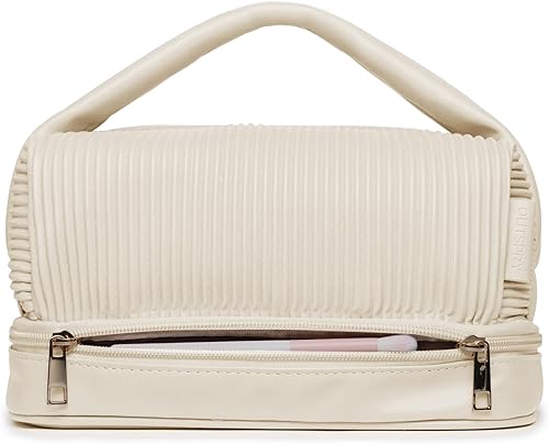 Bolsa de maquillaje, bolsa de cosméticos de viaje bolsa de tostadas de crema compartimento para brochas de maquillaje Bolsa de aseo de cuero vegano