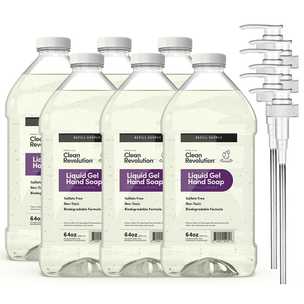 Clean Revolution Liquid Gel Hand Soap Refill with Real Essential Oils – Sulfate-Free Gel Hand Wash, Moisturizing Bulk Refill, Non-Toxic Formula (Natural Lavender) 64oz, 6-Pack with Pumps