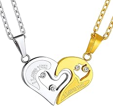 Suplight Couple Necklace Puzzle Heart with Zircon for 2 Friends/Couple Pendant Separable Customized Gold Chains 50+5 cm Silver-Gold-Black