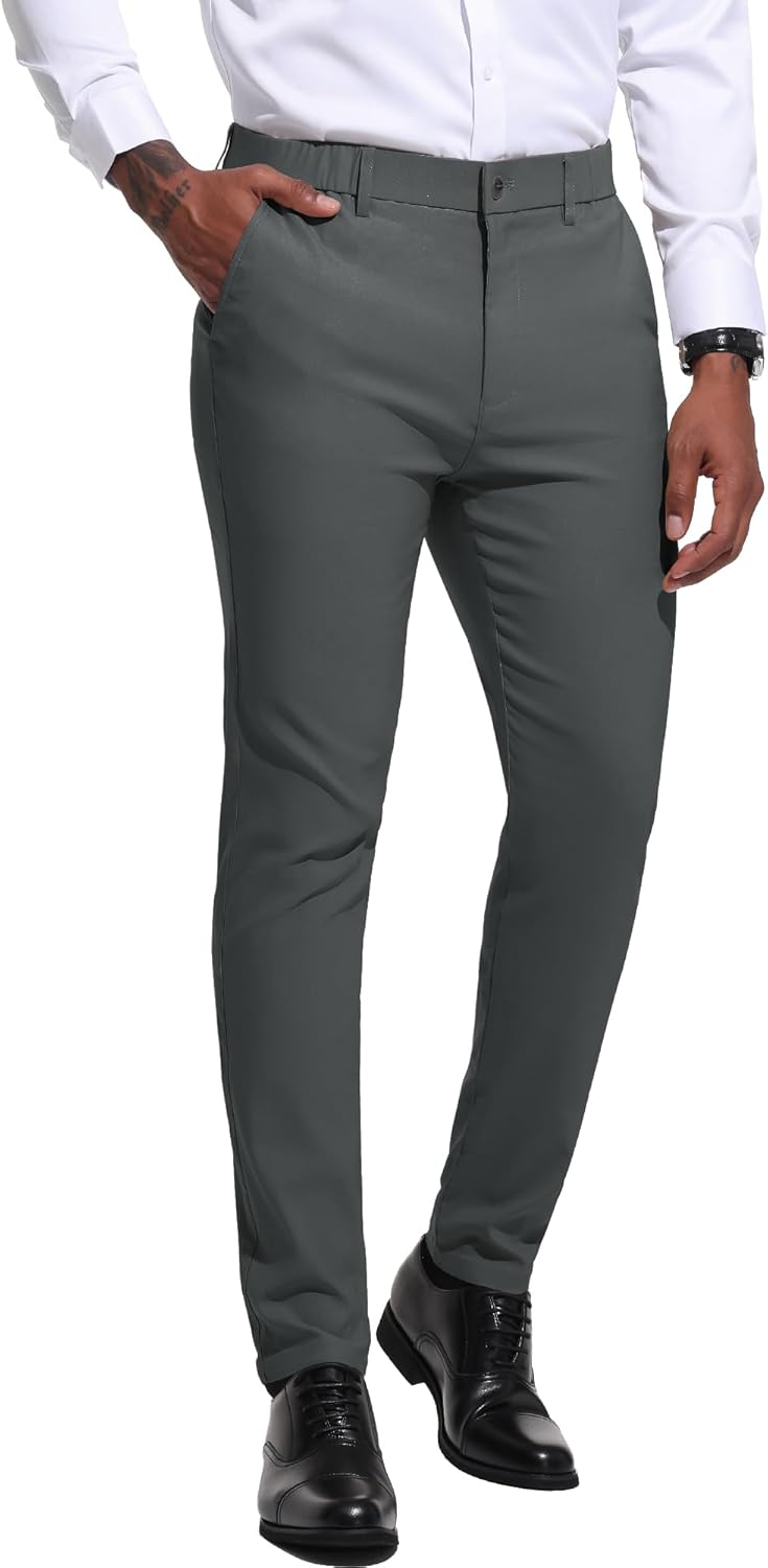 Men's Slim Fit Stretch Dress Pants Business Casual Skinny Tapered Chinos Trousers with Expandable Waist - Image 3