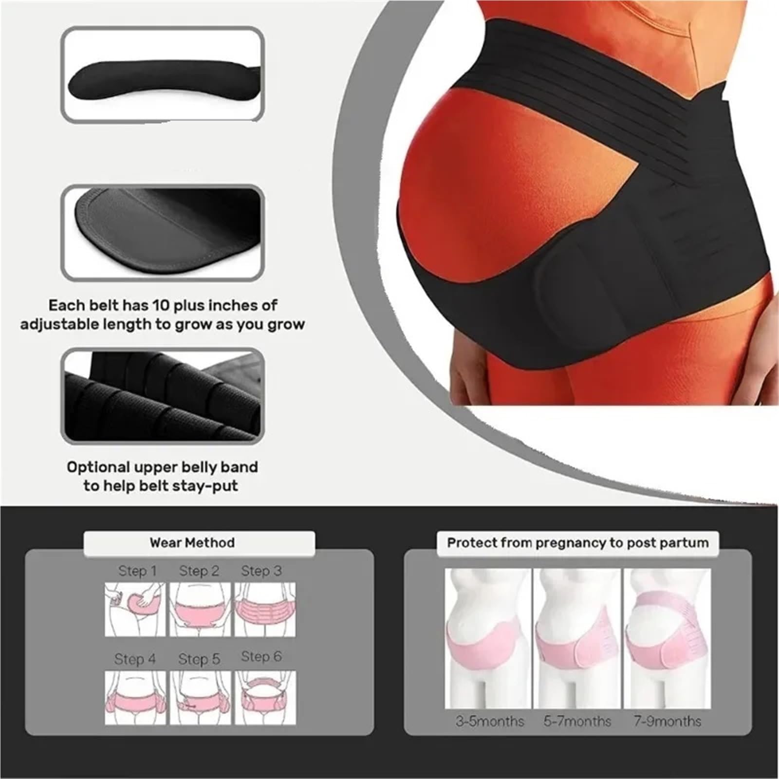 Bandas De Soporte Pélvico Faja de soporte for el vientre for embarazadas, cinturón ajustable for la espalda, protector cintura for maternidad(WHITE,XL (90-120cm))
