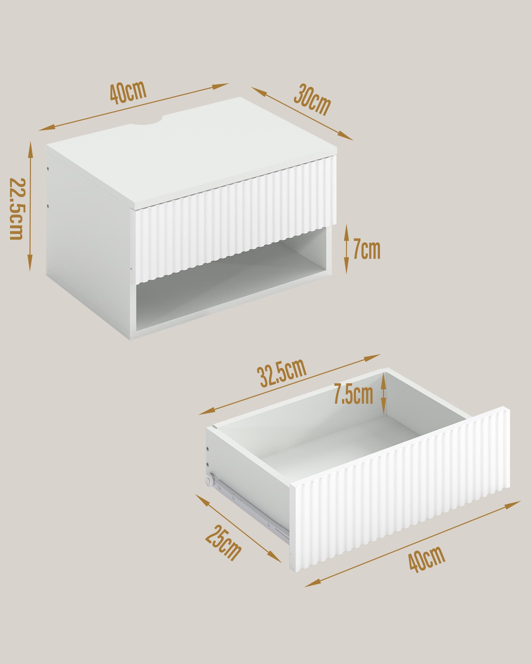 Set 2 Comodini Sospesi Bianchi Comodini da Parete con Cassetto e Vano Aperto Comodini Moderni per Camera da Letto Effetto RGB Decorativo 40 x 30 x 22,5 cm