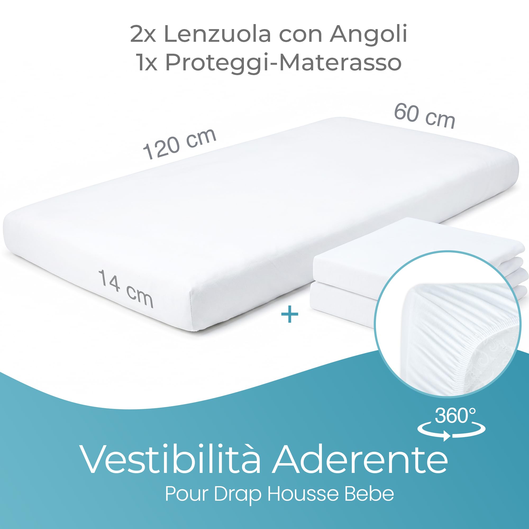 Comfier Sleep Set 3 Pezzi Con 2 Lenzuola Lettino Neonato 60x120 100% Cotone Con Angoli Biologico e 1 Coprimaterasso Lettino 60x120 100% Bambù Impermeabile, Bianco