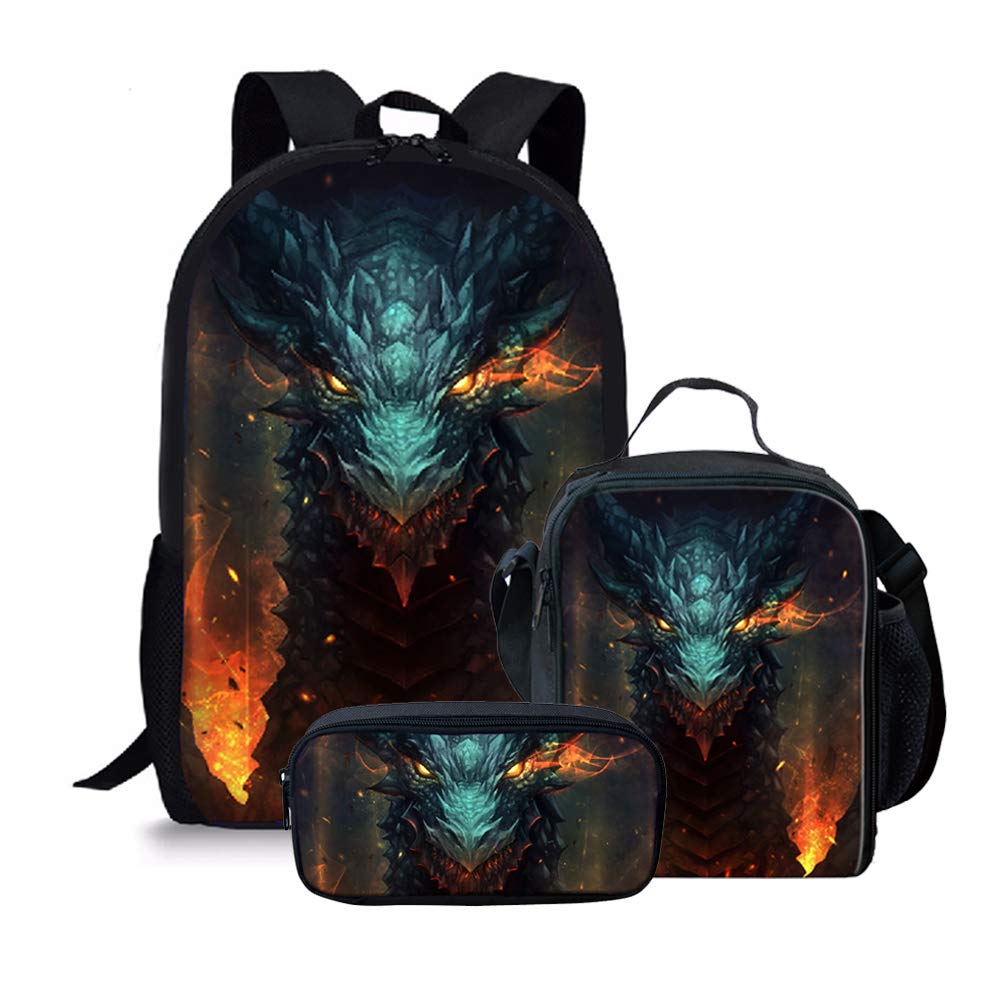 Amzbeauty Cool Dragon Backpack with Lunch Bag Pencil Case, 3 Pcs Bookbags Sets, Best Gifts for school children/Kids/Boys/Girls