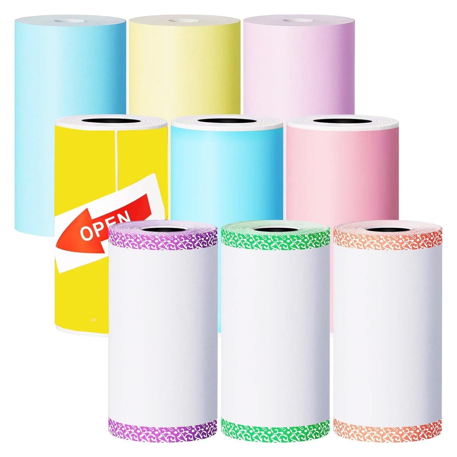 Papier Thermique Rouleau de papier d'impression thermique adhésif 57 x 30 mm, mini-rouleaux de papier d'impression, autocollants imprimables for imprimante P1 et imprimante A6(9Rolls Mix1)