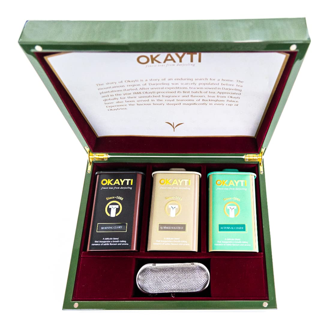 Okayti Darjeeling Bouquet Tea Gift Organic First Flush, Summer Flush & Autumn Flush Tea (Pack of 3) | Morning Glory, Summer Solstice & Autumnal Charm with Free Tea Infuser