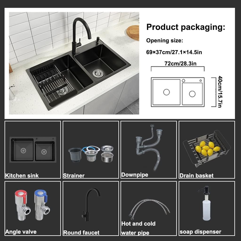 Kitchen Sink. Double Bowl 304 Stainless Steel Black with Round Faucet and Drain Assembly Top Mount Or Undermount (Color : Black, Size : 72x40x22cm)