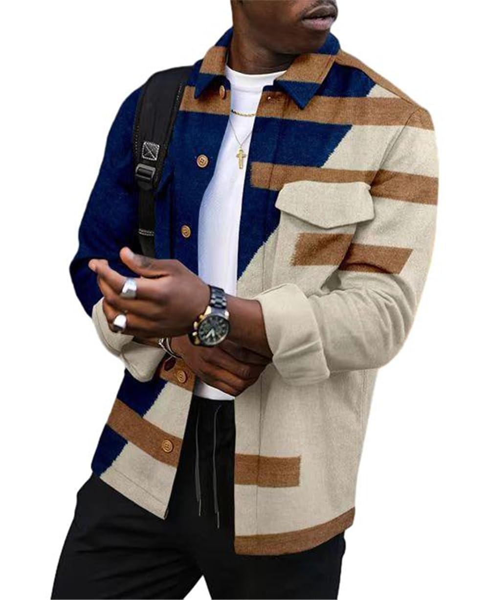 YEPREMMens Jacket Mens Autumn Stand Up Collar Light Jacket Mens Print Pattern Casual Jacket Mens Button Front Outdoor Moto Jacket Simplicity