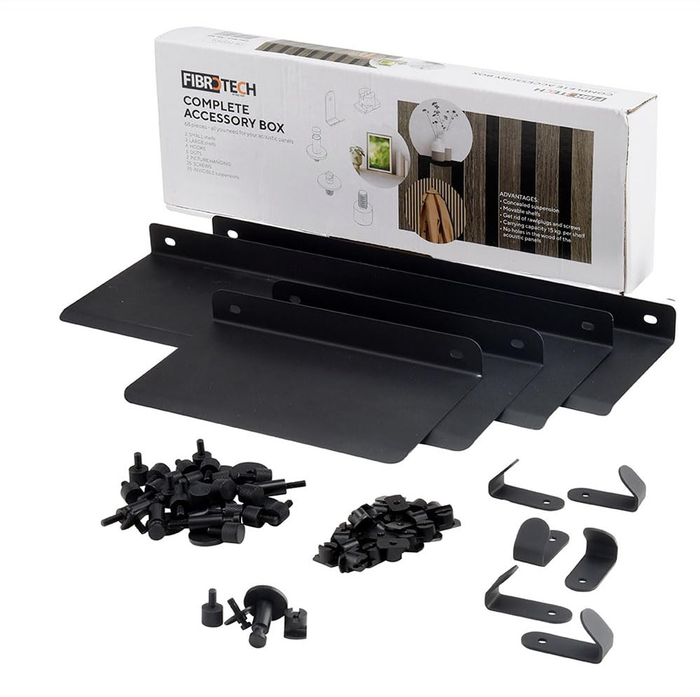FIBROTECH 2432406 - Scatola accessori per pannelli acustici (nero, lunghezza 37 x larghezza 13 x altezza 5 cm, 68 pezzi, accessori pannelli acustici, suono della stanza, rivestimento delle pareti