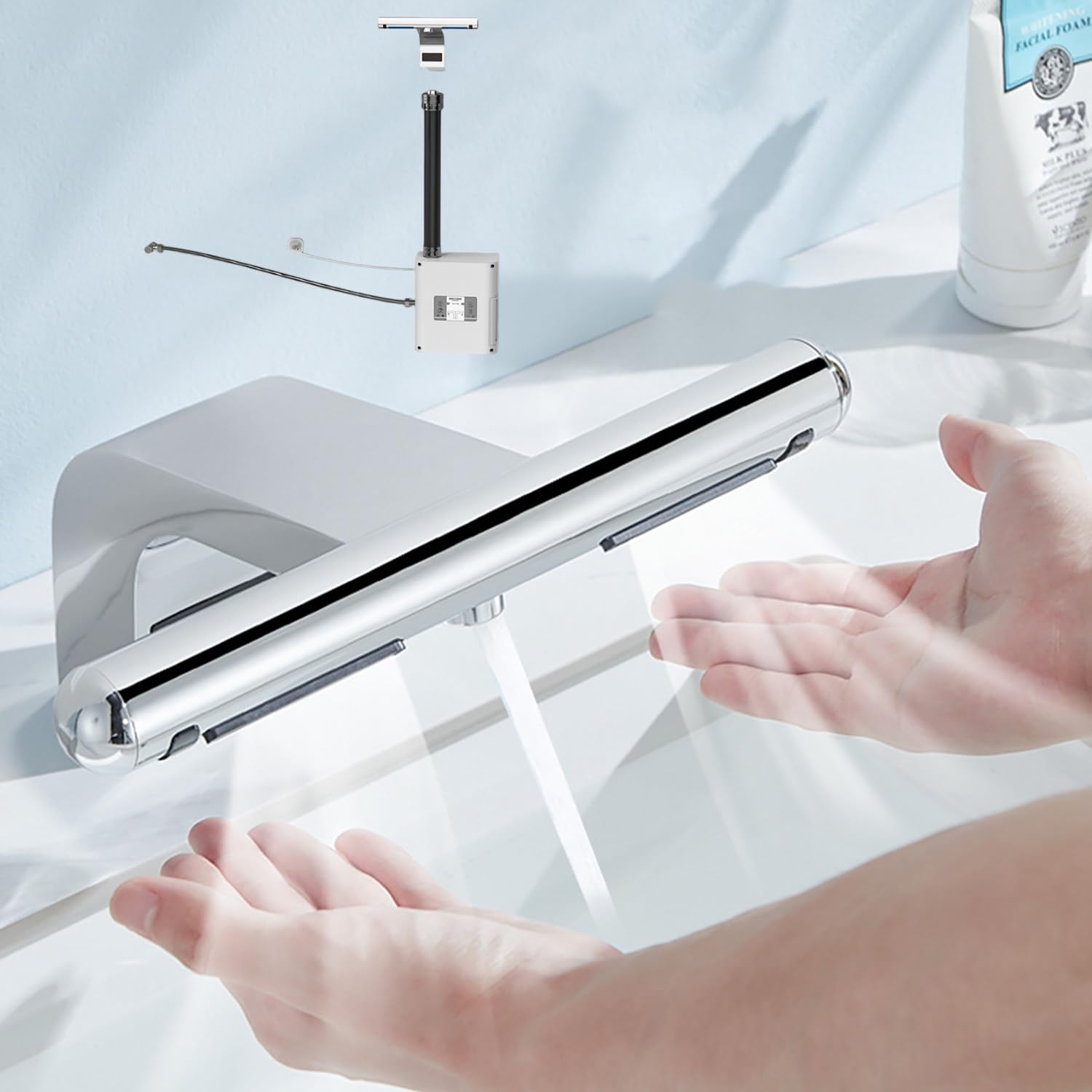 Asciugamani elettrico 1150W per bagni commerciali e domestici, asciuga mani con rubinetto con valvola di regolazione caldo e freddo, asciugatura delle mani ad alta velocità 6-10s, argento