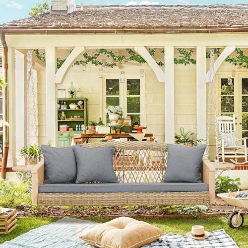 Image of HOMREST 3-Person Wicker Porch Swing with Upgraded Cup Holder, 56 Inch Patio Hanging Swing Bench Chair with Cushions, Outdoor Swing 900lbs Capacity Chains for Deck Garden Backyard (Gray)