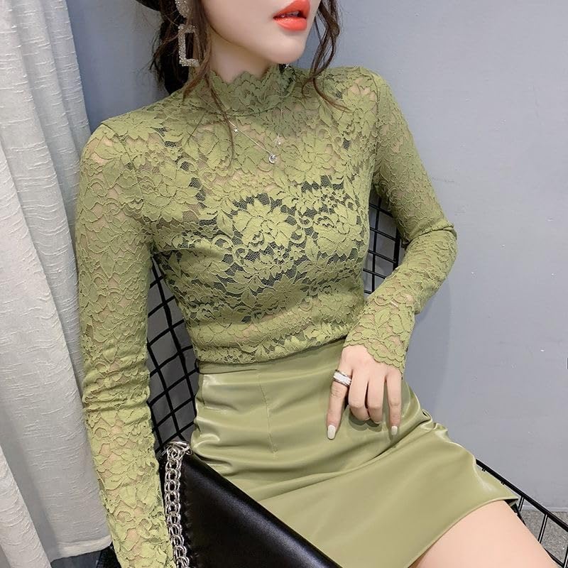 Women's Floral Lace Top Long Sleeve Mock See Through Mesh Underwear Blouse Shirt S-L - Image 2