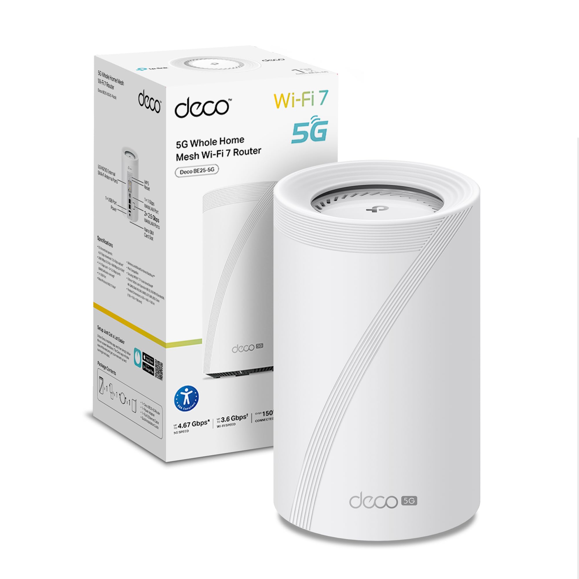 TP-Link Deco Routeur 5G Mesh WiFi 7 jusqu'à 3,6 Gbit/s, Deco BE25-5G | Nano SIM 5G, port 2,5G, réseau Deco Mesh, idéal sans box fibre, résidence secondaire ou télétravail