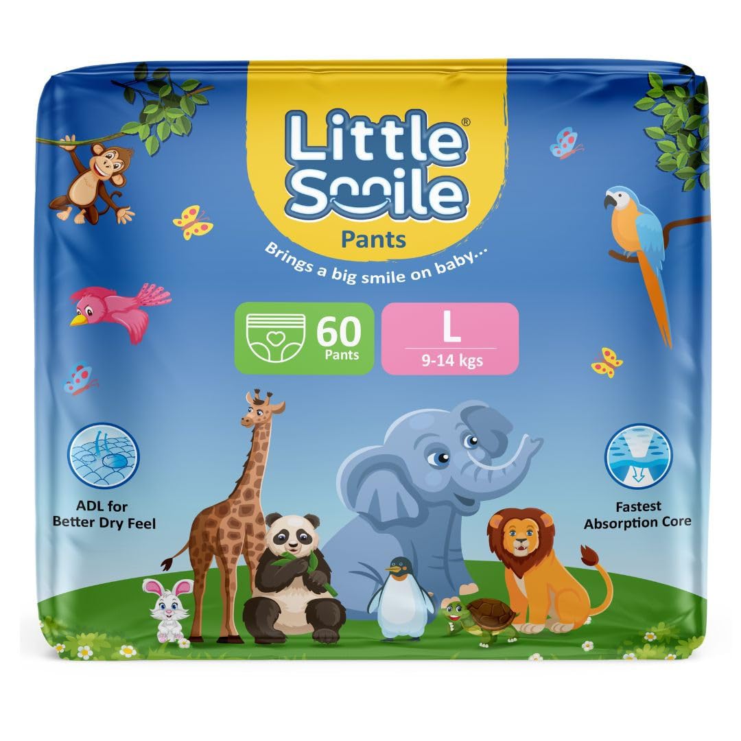 Little Smile Baby Diapers Pant Style with Fast Absorption Core Soft Top Sheet, Wetness Indicator and Antibacterial Layer | Large (9-14 KG) | Pack of 1 | 60 Pieces