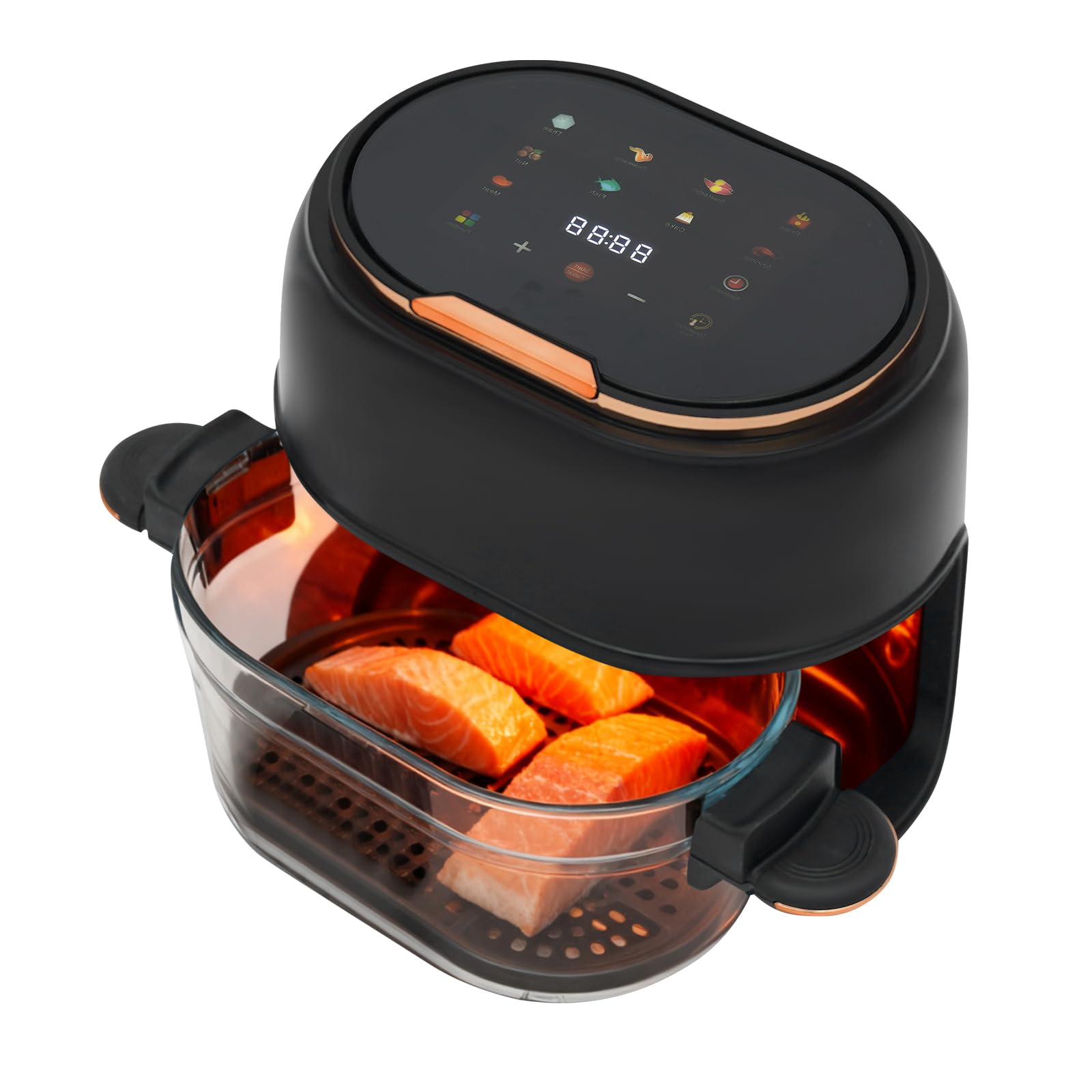 Freidora de aire caliente de 4 L con pantalla táctil y cesta de cristal visible, 1350 W, 220-240 V, 140-374 F, temporizador de 24 horas, freidora de aire caliente multifuncional para familia, patatas