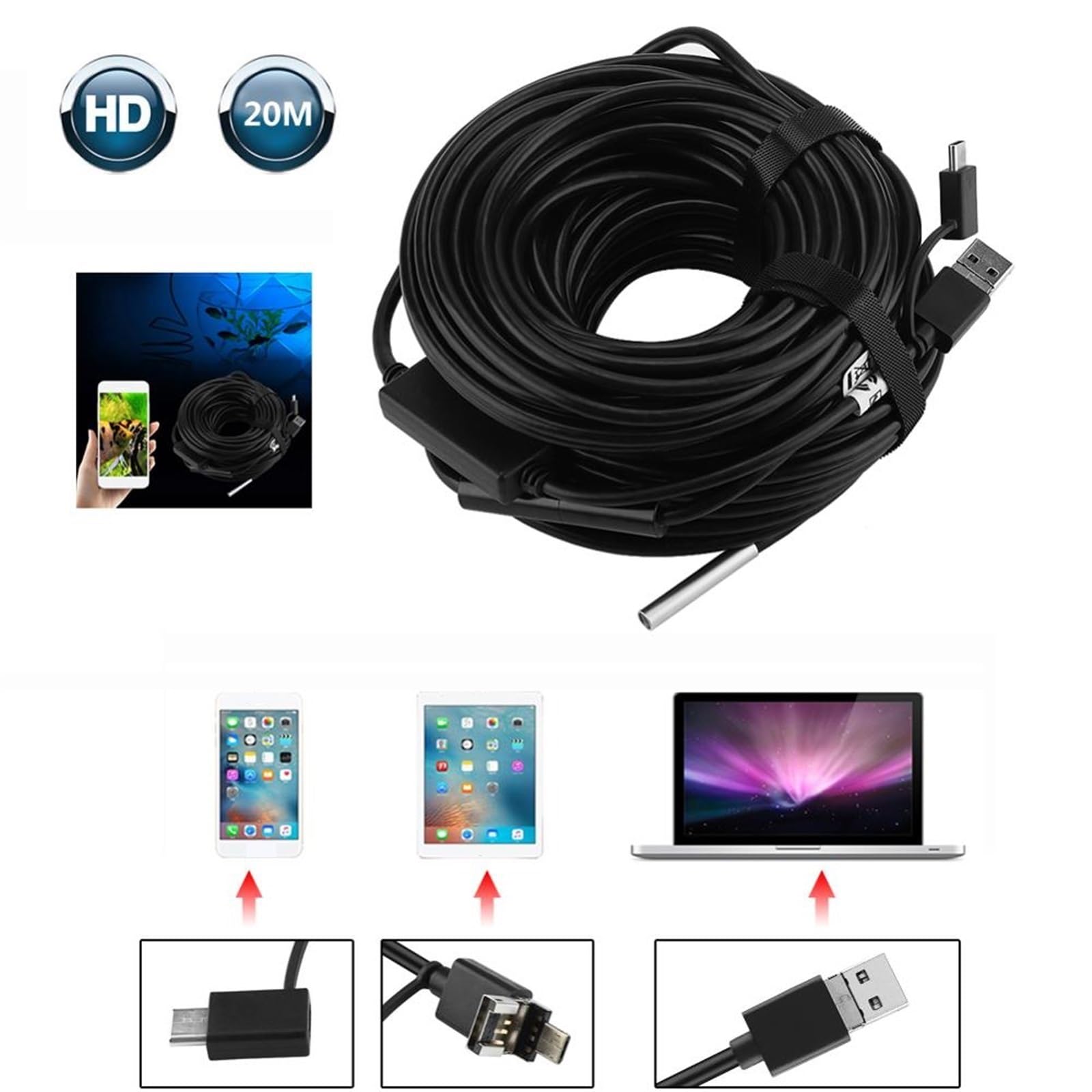 20M Przenośny Kabel Kamery Endoskopowej Do Samochodu 5.5mm Endoskop Wideo USB Z Wodoodporną Kamerą 720P HD Narzędzia Kontroli Rur Samochodowych WyraźNa Jakość Obrazu