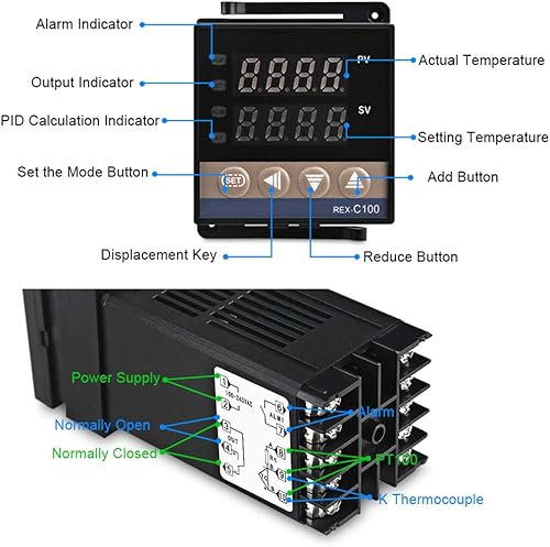 Miniatura 7 de Indicador de medidor de controlador de temperatura PID, termostato universal programable digital Fahrenheit y SSR de 40 A y salida de alarma, sonda