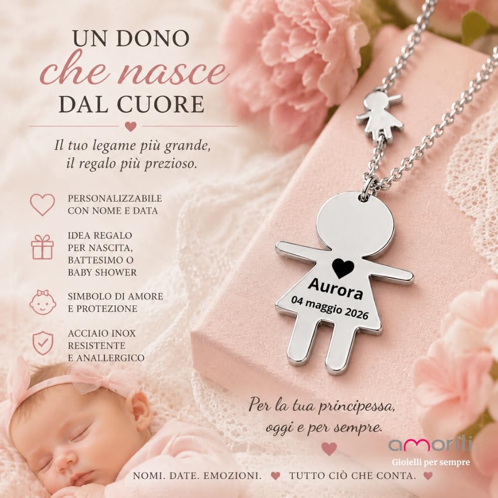 Collana Bambina Personalizzata con Incisione in Acciaio Inox – Ciondolo Bimba – Regalo Nascita Baby Shower Mamma – Gioiello Ricordo cll1500