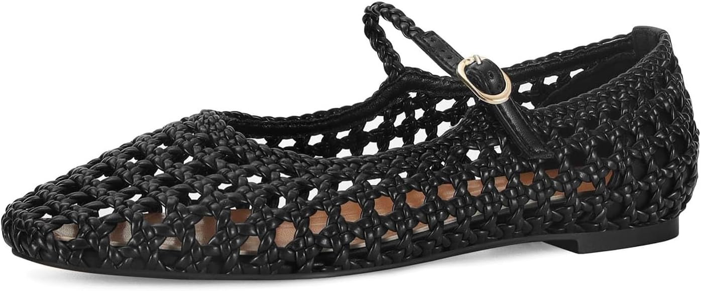 MICIFA Woven Mesh Ballet Flats for Women Round Toe Mary Jane Flats Buckle Strap Ballerina Flats Comfortable Dress Casual Flat Shoes