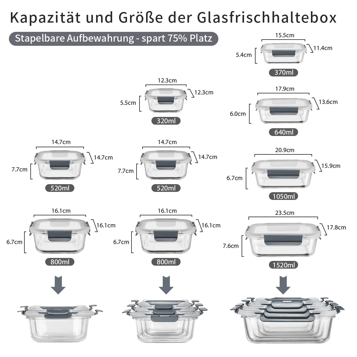 Set di contenitori in vetro per alimenti, 18 pezzi (9 contenitori, 9 coperchi trasparenti), lavabili in lavastoviglie, microonde e freezer, a prova di perdite, senza BPA