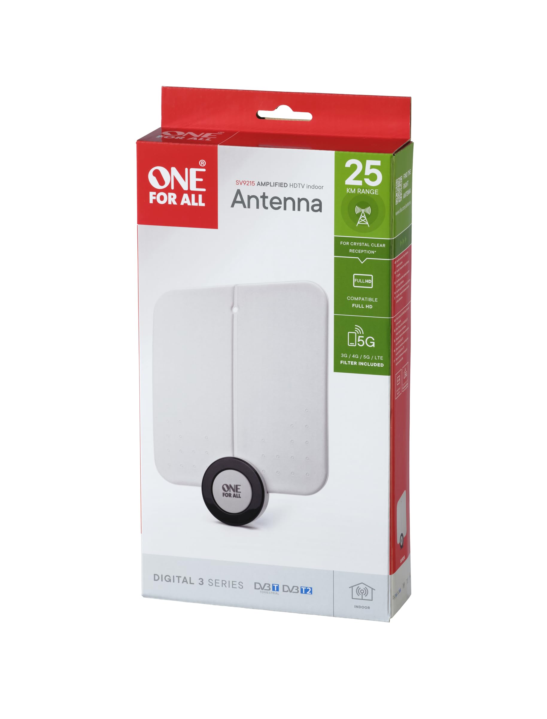 Antenna da interni amplificata One For All - Pronta per il DTT nel raggio di 25km -Antenna ultrapiatta digitale - Antena Interna HDTV -bianca - SV9215