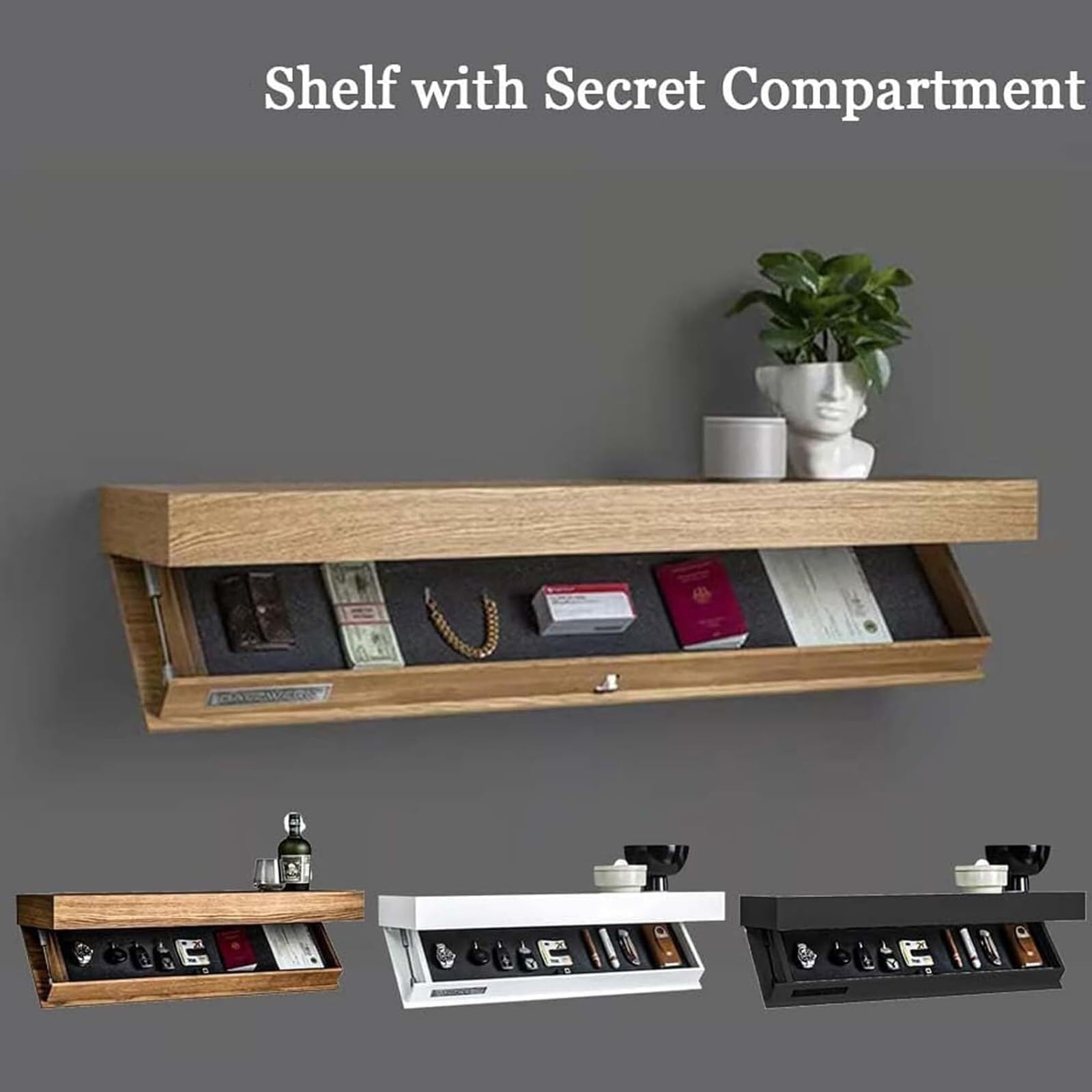 Mensola da parete con scomparto nascosto, elegante soluzione galleggiante per soggiorno o ufficio, organizer per cassetti segreti in elegante finitura nera