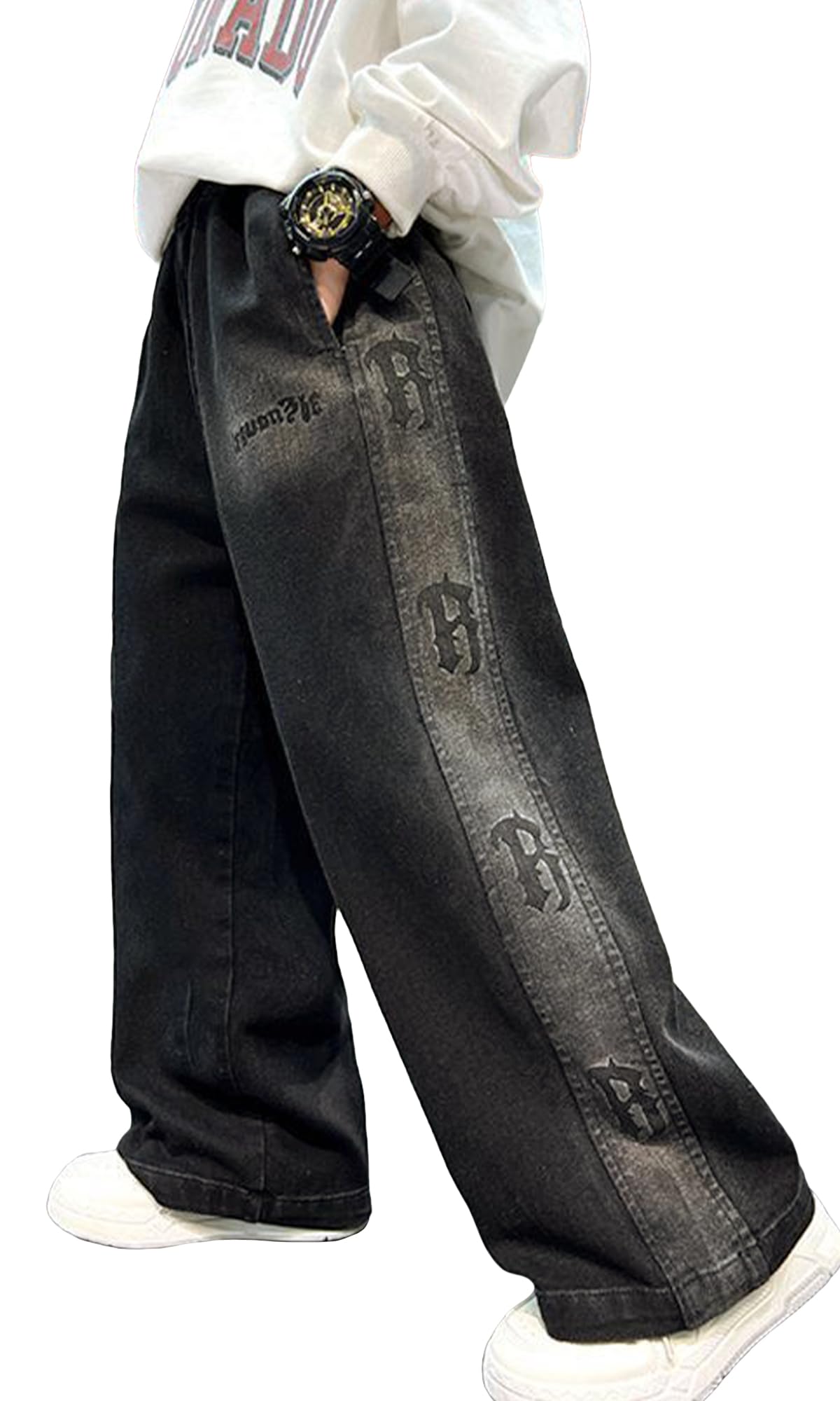 SEAUR Y2k Jean baggy pour garçon Taille élastique Pantalon en denim Coupe ample Y2k Hip Hop Skateboard Streetwear
