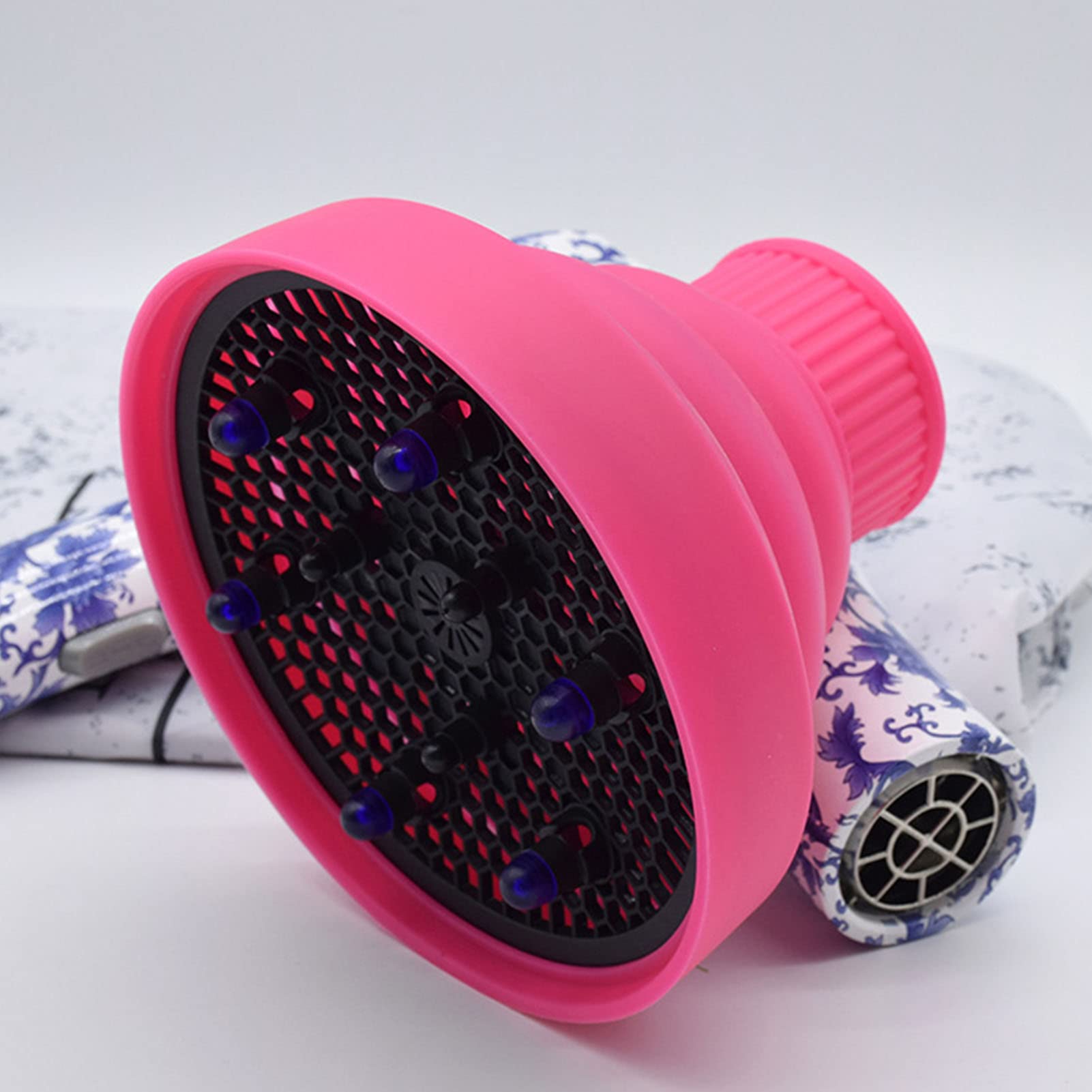 Universal Collapsible Hair Dryer Diffuser, Silicone Blow Dryer Diffuser Attachment Portable Travel Hair Dryer Diffuser for Home Hair Salon, Suitable for Nozzle 1.4 in to 2 in (Rose Red)