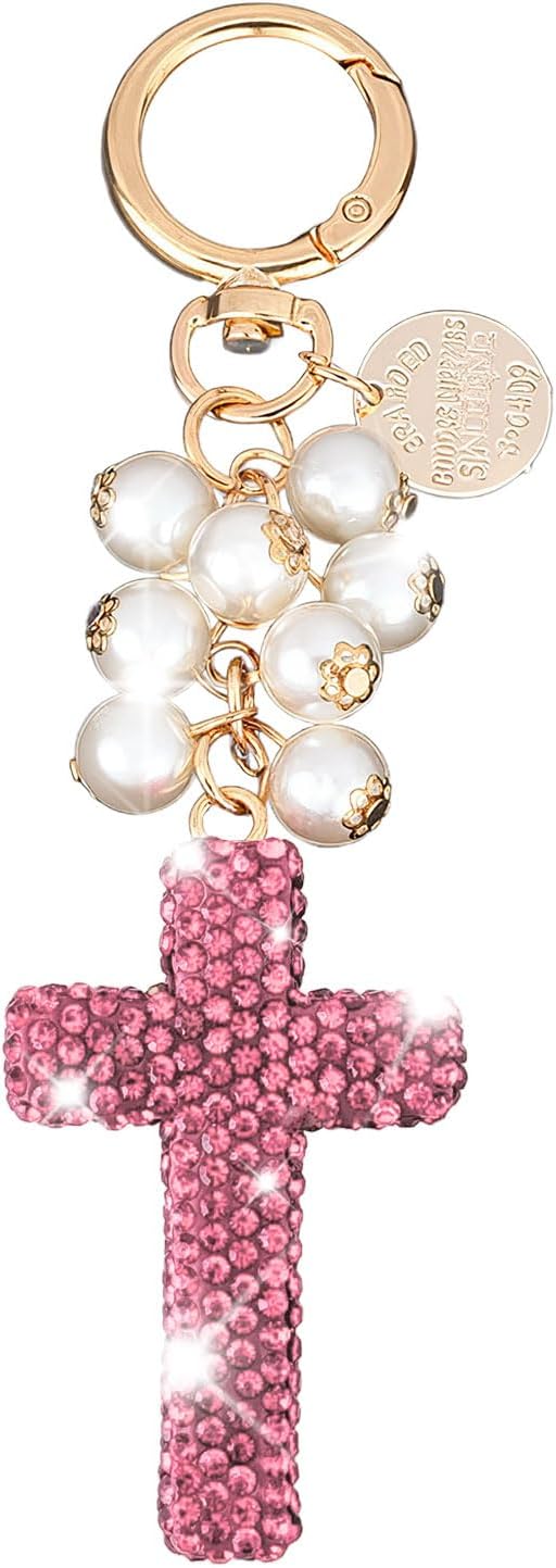 Bling Car Keychain, Car Keychain for Women, Fashion Cross Car Key Chain with Bling Rhinestones, Vehicle Accessories Diamond Automotive Keyring Charm Accessories for Women Girls (Pink)