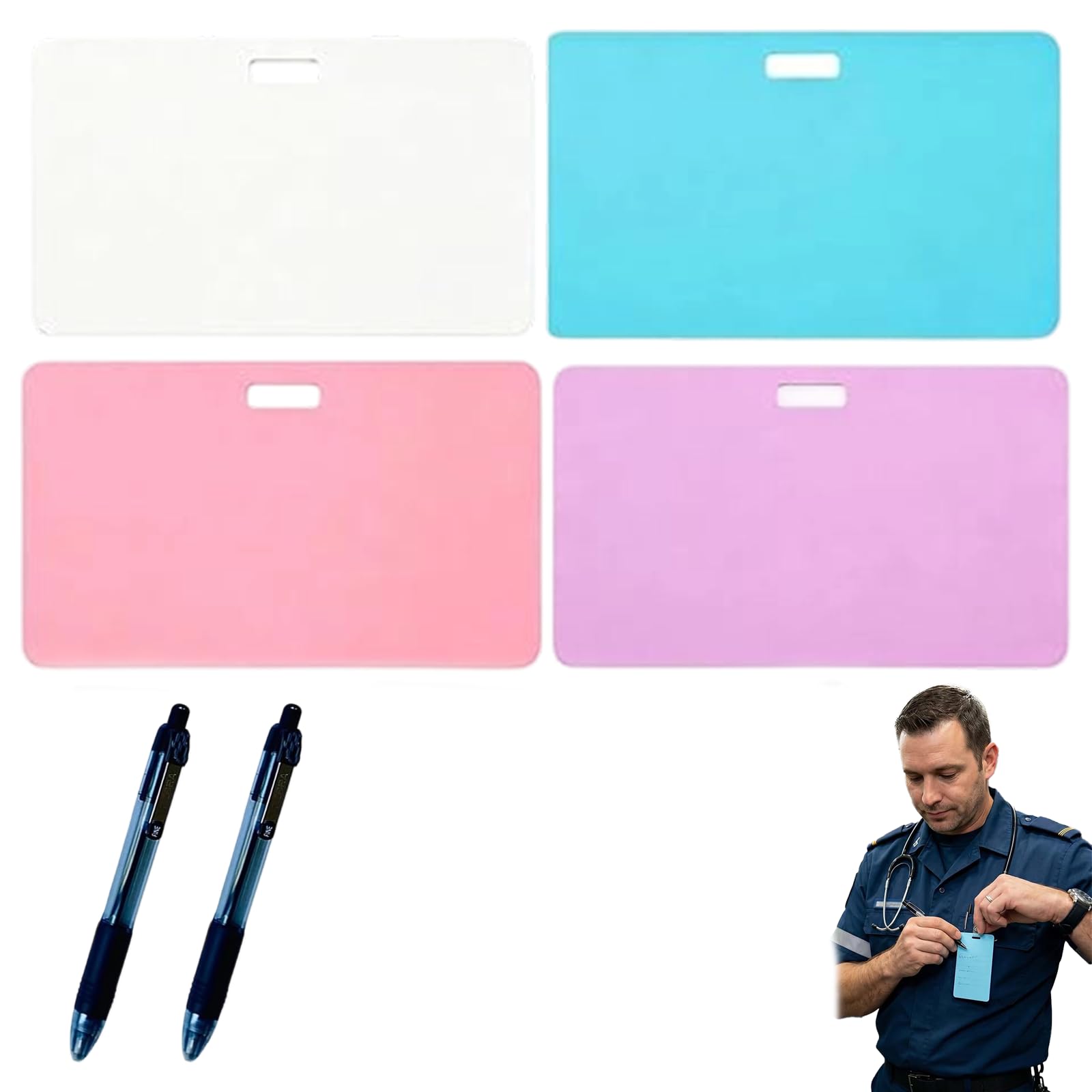 Erasable Badge Note, Reusable Mini Whiteboard Clipboard with ID Badge Clip, Premium Silicone Pocket Sized Erasable Notepad for Nurses, Doctors, Teachers & Healthcare Workers (4pcs, Horizontal)