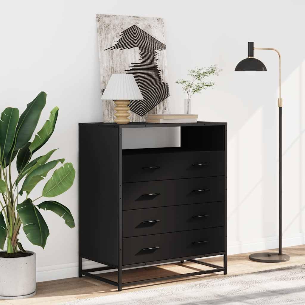 Schubladenschrank Schwarz Holzwerkstoff mit Metallgestell 70x41x83,5 cm, 4 Schubladen Stauraum für Schlafzimmer Wohnzimmer Flur, stabile Ablage für Ordnung und Aufbewahrung