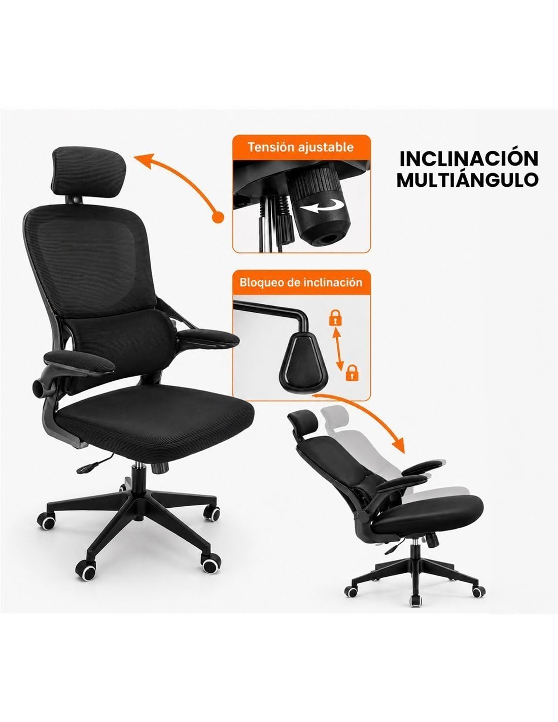 Jardin202 - Silla ErgoPro Oficina, Estudio, Ergonómica con Ruedas, Reclinable, Reposacabezas y Reposabrazos Ajustables, Soporte Lumbar | (Negra)